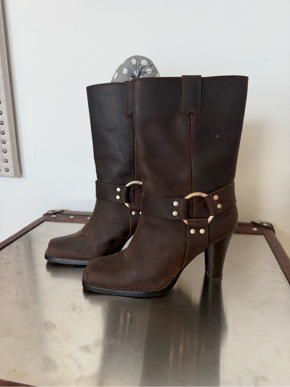 Women's Brown Leather Harness High-Heel Boots